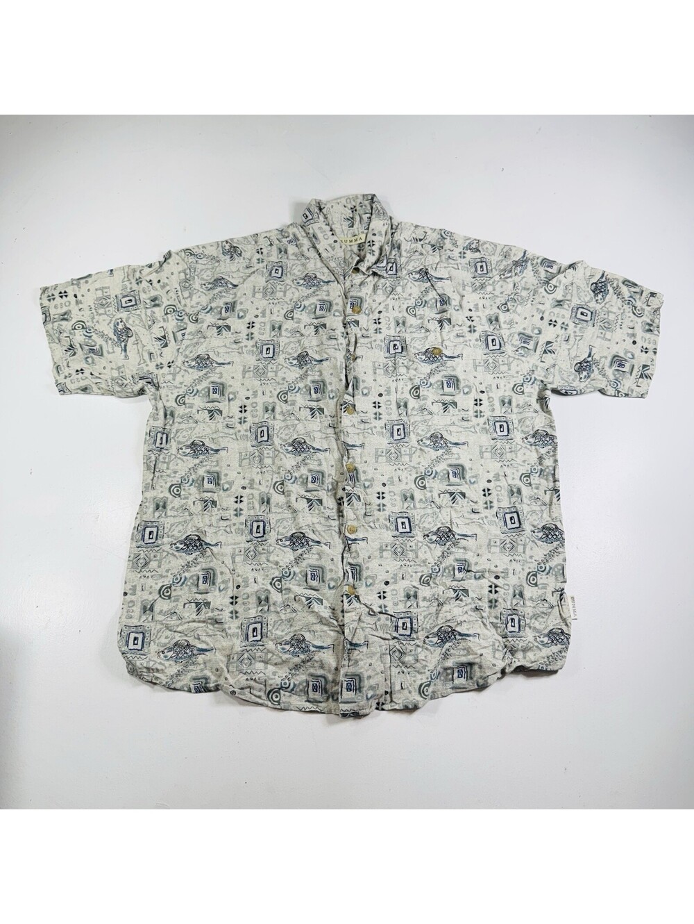 Summa Hawaiian Shirt Blue Fish All Over 100% Silk Men’s Size XL